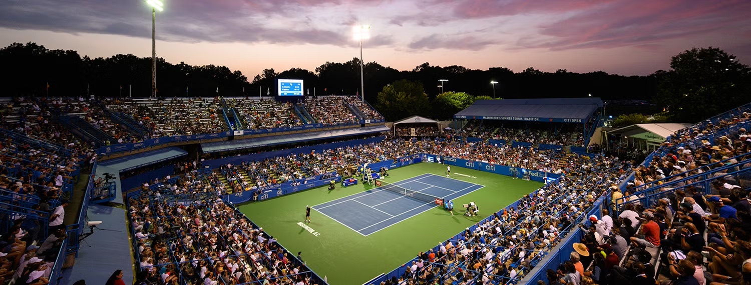 DC Open tennis stadium at sunset