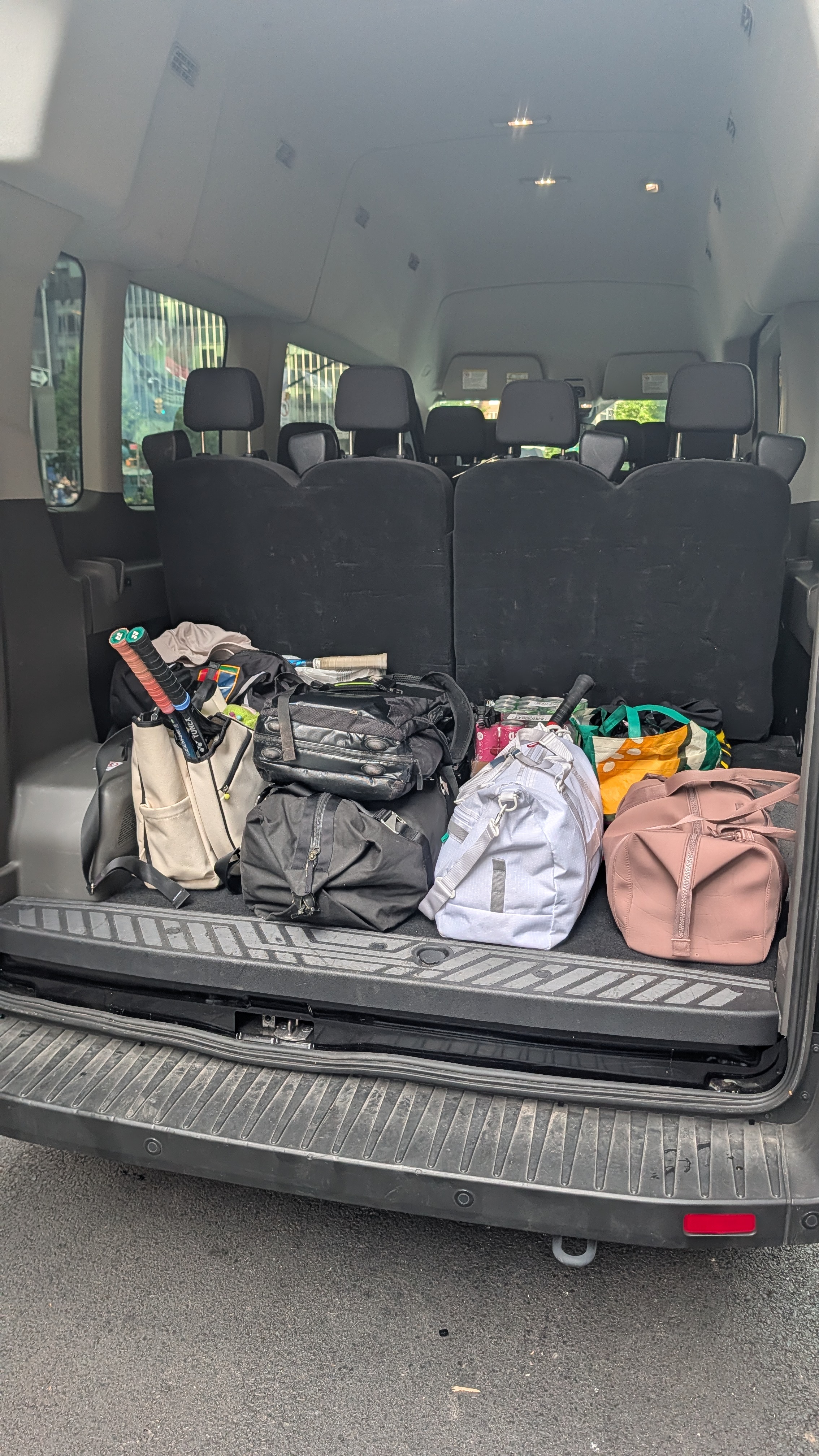 Tennis gear packed into the private shuttle